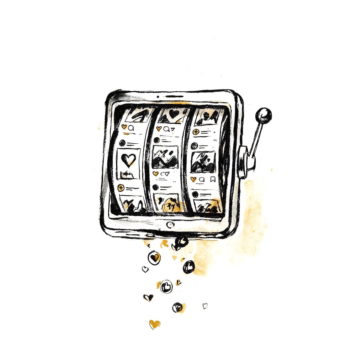 Ink drawing of a phone as a tiny slot machine: the feed spins like reels and spills hearts and likes.