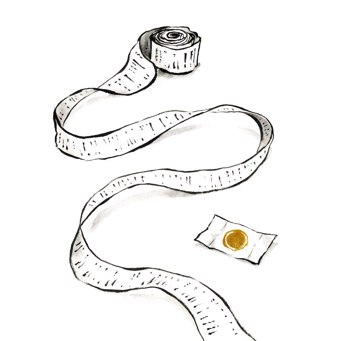 Ink drawing of a till receipt unspooling endlessly off the page beside one small ticket with a single gold stamp on it.