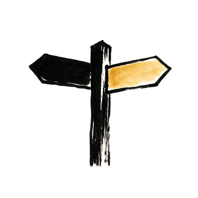 Ink drawing of a signpost with two arms of exactly the same size pointing opposite ways, one plain and one gold.