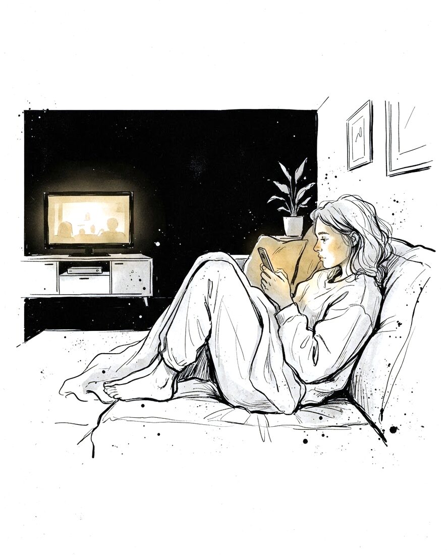 Ink drawing of a person sunk into the couch at night, face lit by the phone, the TV glowing in the dark.