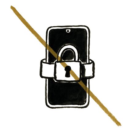 Ink drawing of a phone with a padlock clamped over it, struck through in gold.