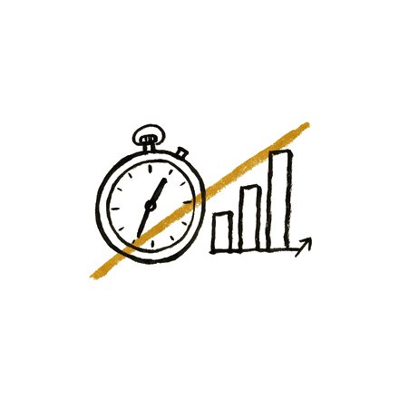Ink drawing of a stopwatch beside a rising bar chart, struck through in gold.