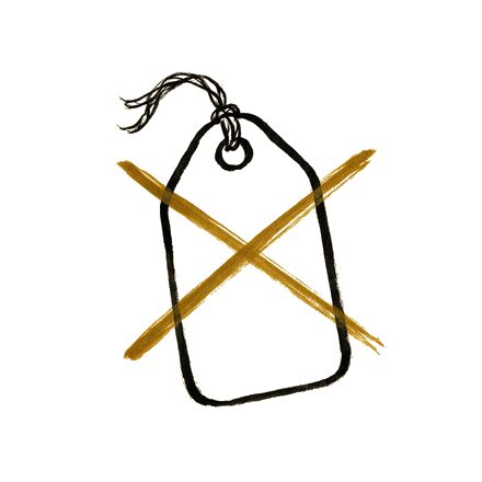 Ink drawing of a blank luggage tag, crossed out in gold.