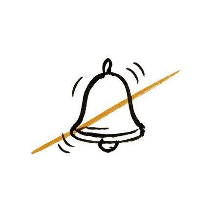 Ink drawing of a ringing notification bell, struck through in gold.