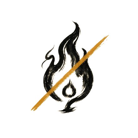 Ink drawing of a streak flame, struck through in gold.