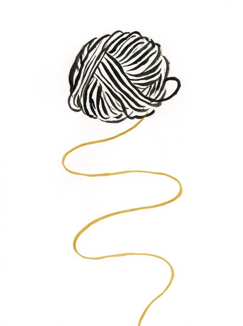 Ink drawing of a ball of yarn with a single gold thread pulled long and running off the page, no end in sight.
